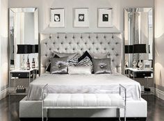 Silver Bedroom Ideas to Glam Up Your Bedroom Space Modern Glam Bedroom, Glam Bedroom Decor, Silver Bedroom, Glamourous Bedroom, Glam Bedroom, Luxury Bedroom Design, White Bed, Sanctuary Bedroom, Gray Bedroom