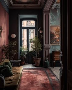 a living room filled with furniture and potted plants