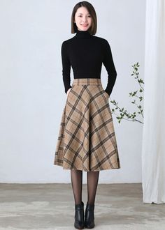 Plaid Skirt With Boots, Plaid Wool Skirt Outfit, Corporate Skirts, Chic A-line Wool Skirt, Librarian Outfit, Plaid A-line Skirt With Lining, Tartan Midi Skirt, Mod Skirt, Skirts Winter