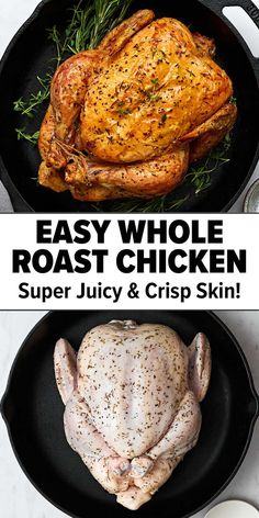 Easy whole roast chicken recipe Oven Baked Whole Chicken, Whole Chicken In Oven, Baked Whole Chicken Recipes, Oven Roasted Whole Chicken, Whole Roast Chicken Recipe, Whole Roast Chicken, Whole Baked Chicken, Roasting Chicken