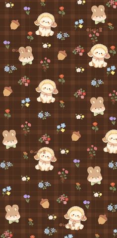 a brown plaid background with teddy bears and flowers