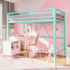 a pink and blue loft bed with desk underneath