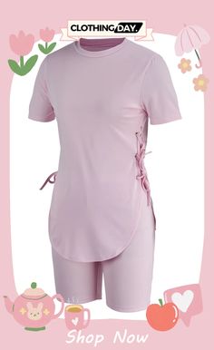 Pink Fashion Casual Solid Bandage O Neck Short Sleeve Two Pieces Spring Fitted Tops With Side Ties, Fitted Tops With Side Ties For Spring, Fitted Summer Top With Side Ties, Product Name, Pink Fashion, Two Pieces, Fashion Casual, Casual Fashion, Pink