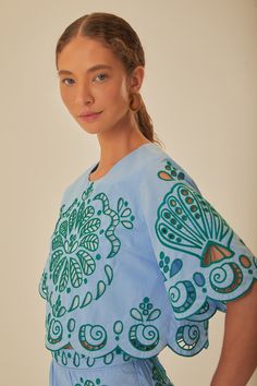 RICHELIEU CROP TOP Light Blue Fabric, Farm Rio, Vibrant Green, Denim Flares, Intricate Patterns, Denim Pant, Blue Fabric, Blue And Green, Sweater Jacket