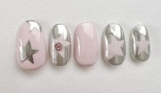 Pink And Silver Star Nails, Silver And Pink Nails, Jelly Nails, Kawaii Nails