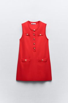 SHORT PLAIN KNIT DRESS - Red | ZARA United States Zara Sleeveless Workwear Dress, Zara Sleeveless Dress For Work, Chic Mini Dress With Buttoned Pockets, Elegant Sleeveless Mini Dress With Pockets, Zara Workwear Dress With Pockets, Sleeveless Summer Dresses With Buttoned Pockets, Zara Sleeveless Midi Dress For Work, Red Sleeveless Dress With Pockets, Red Sleeveless Dress With Buttons