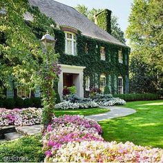 a house with lots of flowers in front of it