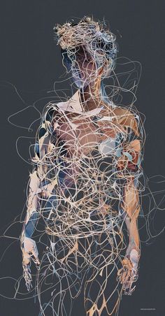 an abstract painting of a man's torso and body with wires all over it