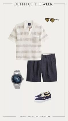 This striped stitch through polo and navy linen shorts combo will keep you cool and elevate your date night style this summer! Navy Shorts Outfit Men, Navy Shorts Outfit, Mens Navy Shorts, Easy Summer Outfit, Vans Suede, Mens Shorts Outfits, Simple Summer Outfits, David James