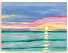 a painting of the sun setting over the ocean with blue and pink clouds in the background