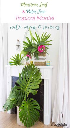 a living room with a white fireplace and plants