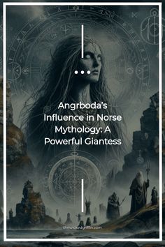 a woman with long hair standing in front of a black and white background text reads, angroba's influence in noise mythology powerful giants