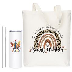 a white tote bag, straw and cup with the words social worker printed on it