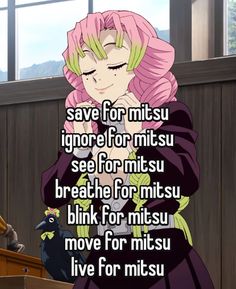 an anime character with pink hair standing in front of a podium and text that reads save for