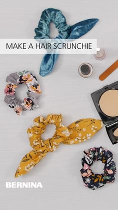 the contents of a hair scrunchie laid out on a white surface with text that reads, make a hair scrunchie