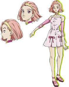 an anime character with pink hair and green eyes, standing next to another character's head