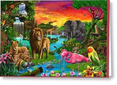 a painting of animals and birds in the jungle