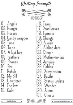 the writing prompts list for march is shown in black and white, with arrows pointing up