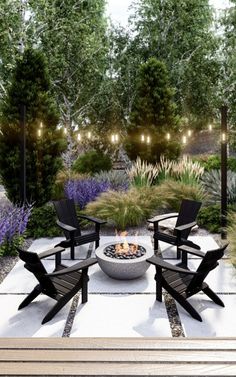 an outdoor fire pit surrounded by chairs and trees