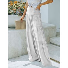 White Layered Pleated High Rise Wide Leg Pants Solid High Rise Bottoms For Day Out, High Rise Solid Color Summer Pants, Chic High Rise Vacation Bottoms, High Rise Non-stretch Pants For Day Out, Blue Flowy Pants, High Rise Wide Leg Pants, Two Piece Jumpsuit, Flowy Pants, Vacation Wear