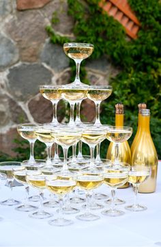 a table topped with lots of wine glasses