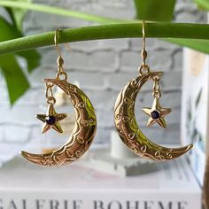 These lovely moon and star earrings will make you sparkle like a beautiful starry night 💫  With purple glass crystals they come on 18k gold plated ear wires.  Should you have any questions regarding this product, please feel welcome to send me a message. Whimsical Jewelry, Moon And Star Earrings, Jewellery Unique, Moon And Star, Unique Gifts For Her, I Love Jewelry, Purple Glass, Moon Earrings, Pretty Earrings