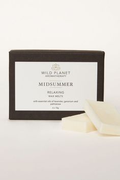 Midsummer Box of Wax Melts with two wax melts in front of box by Wild Planet Aromatherapy Sicilian Lemon, Lemongrass Essential Oil, Lemon Verbena, Scented Wax Melts, Soy Wax Melts, Scented Wax