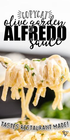 a spoon full of alfredo sauce with the title captioned in black and white above it