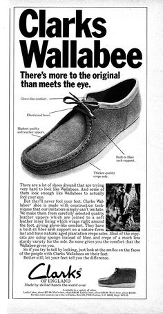 Amazon.com : 1975 Clarks Wallabee Shoes- Crepe Sole-Mens $38 Ladies $37- Original Magazine Ad : Classic-Ads 1970 Shoes, Hood Jeans, Clarks Wallabee, Dress With Stockings, Magazine Ad, All About Shoes, Magazine Ads, Classic Outfits