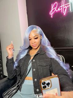 #icybluewig #haircolor Icy Blue Lace Front Wig, Adore Periwinkle Hair Dye, Powder Blue Hair Color, Icy Blue Frontal Wig, Colors To Try On Wigs, Birthday Wig Hairstyles Color, Periwinkle Hair Black Women, Wig Install Colors, Ice Blue Wig