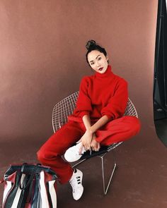 16 Winter Outfit Ideas with Red » Lady Decluttered Gryffindor Aesthetic, Chriselle Lim, Play Clothes, Woman In Red, Red Trousers, Velvet Slip Dress, Red Knit Sweater, 2017 Fashion Trends, Red Suit