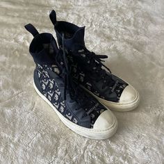 Lightly Used Size 39 Sneakers. New Unused Laces Included. Cristian Dior Sneakers, Designer Blue High-top Sneakers, Dior Converse, Womens White Trainers, Christian Dior Shoes, Velvet Sneakers, Dior Sneakers, White Sneakers Women, High Top Sneaker