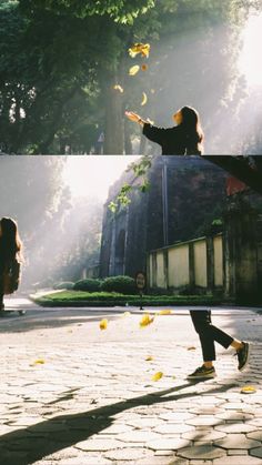 two women are running and throwing leaves in the air