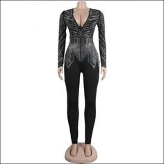 This exquisite In My Groove Rhinestone Decor Deep V-Neck Zip-Up Jumpsuit is the perfect addition to your wardrobe, offering an alluring silhouette and timeless glamour. The jumpsuit offers an opulent look and luxurious feel with its deep v-neck and rhinestone decor, making it a sensational choice for any elegant or upscale occasion. Available in sizes S-3XL. Decoration Zip Up , Rhinestone Length Ankle-Length Style Sexy & Club Fabric Slight Stretch Fabric Type Blended fabrics Material Polyester , Spandex , Lanon , Rhinestone Neckline V-Neck Season Spring / Autumn Sleeve Length Full Elegant Embellished Black Bodysuit, Elegant Fitted Jumpsuit With Rhinestones, Elegant Black Bodysuit With Rhinestones, Glamorous V-neck Bodysuit For Night Out, Elegant Rhinestone Jumpsuits For Night Out, Glamorous V-neck Stretch Bodysuit, Timeless Glamour, Autumn Sleeve, Rhinestone Decor