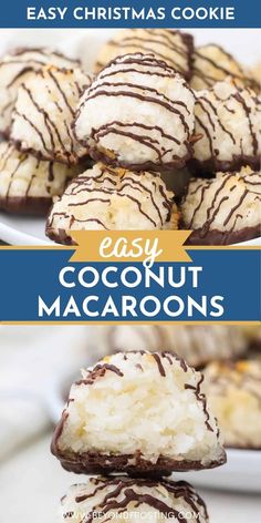 chocolate covered coconut macaroons stacked on top of each other with the words easy coconut macaroons