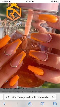 Trendy Orange Nails Acrylic, Orange Nail Designs Coffin, Nails 2023 Trends Summer Yellow, Orange Nails Baddie, Nails 2023 Trends Summer Orange, Bright Colours Nails, Gel Nails Ideas Orange, Orange And White Prom Nails, Orang Nails Ideas