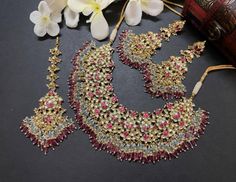 Very beautiful handmade rajwari necklace set which add extra glow in you look. Sabyasachi Wedding, Necklace Combo, Engagement Necklaces, Thanks For The Gift, Girl Dress Patterns, Kundan Necklace, Kundan Necklaces, Pink Necklace