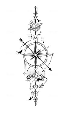 a black and white drawing of a compass with birds on it's back side