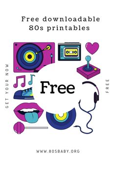 a poster with the words free printables on it and various types of music equipment