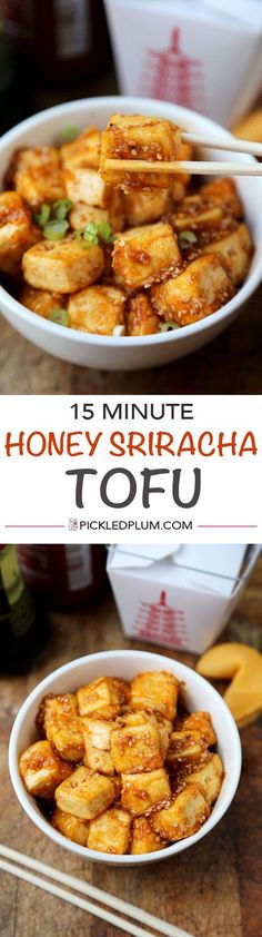 two white bowls filled with fried tofu on top of a wooden table next to chopsticks