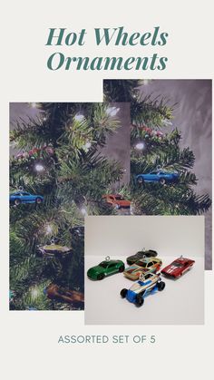 a christmas tree with toy cars on it and the words hot wheels ornaments in green