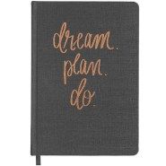 a black notebook with the words dream plan do written in copper foil on it's cover