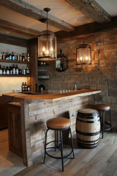 a bar with two stools in front of it