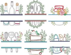 the embroidery designs are designed to look like kitchen utensils and dishes on shelves