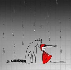 a drawing of a girl and a horse in the rain