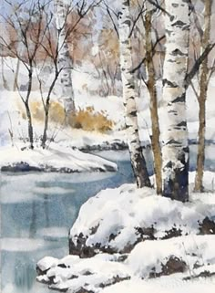 a painting of snow covered trees and water