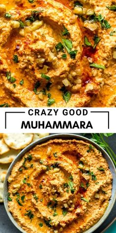 two images showing different types of hummusa dips with the words, crazy good and