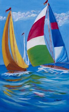 two sailboats in the ocean with blue sky and clouds behind them painted on canvas