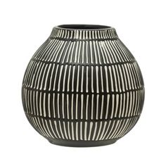 Add some style and sophistication to the space with this Round Stoneware Vase, Black and White, with Line Patterns. This vase is a chic and modern piece that features a round shape and a black and white color scheme with line patterns. The vase is best suited for dry or artificial flowers or plants. The vase is made of high-quality stoneware that is durable and easy to clean. The vase has a Scandinavian, bohemian, or farmhouse appeal that can match any home dcor style. The vase measures 6.25 inc Black And White Vase, Vase Deco, William Black, Vase Noir, Vase Black, Elegant Vases, Round Vase, Black Vase, Monochrome Fashion