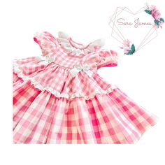 Stunning Pink And White Gingham Girl's Dress. This dress is a show stopper. Made from OEKO-TEX Earth Friendly 100% Cotton Fabric in a beautiful Blush Pink and White Colour.  The bodice is fitted and fully lined with piping along the princess seams in a contrast plain pink cotton fabric to match the back sash that ties into a beautiful big bow. The dress does up down the back with contrast self covered buttons. It also has a full gathered broderie anglaise collar with piping around the neckline and ribbon bows at the waist on the front. The sleeves are full and gathered at the shoulder and the cuff which has a contrast cuff with gathered broderie anglaise. The skirt is full and sumptuous with the top layer cut as a circle skirt and the lower layer cut on the straight with gathered broderie Cute Stockings, Rose Blush, Special Occasion Dress, Girls Party, Layered Cuts, Princess Seam, Lovely Dresses, Circle Skirt, Celebrity Dresses